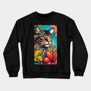 Maine Coon Cat Vibrant Tropical Flower Tall Retro Vintage Digital Pop Art Portrait Crewneck Sweatshirt